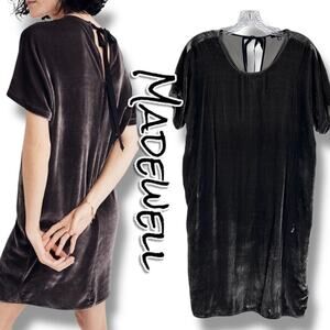 Madewell Velvet Silk Blend Mini Dress Gunmetal Gray Bow Tie Shift Womens Size XS